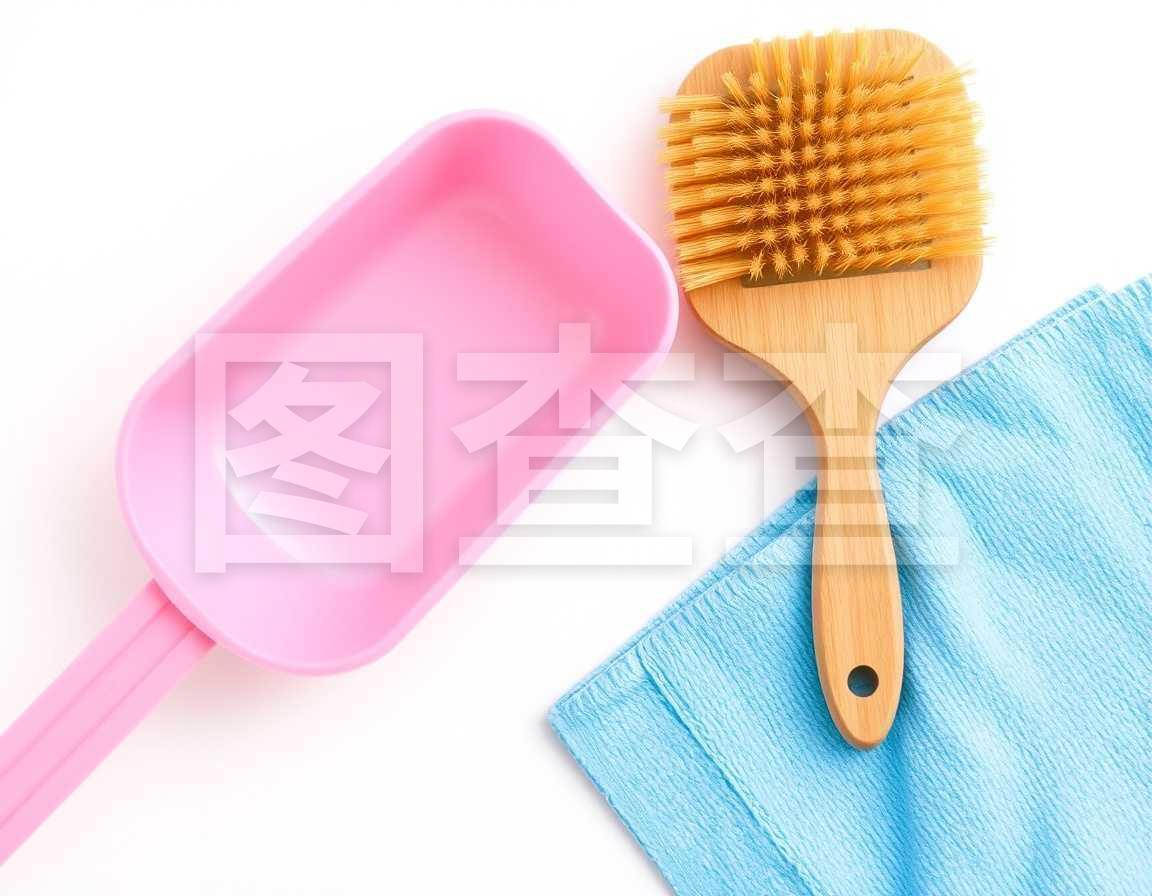 粉紅塑料勺和清潔刷
